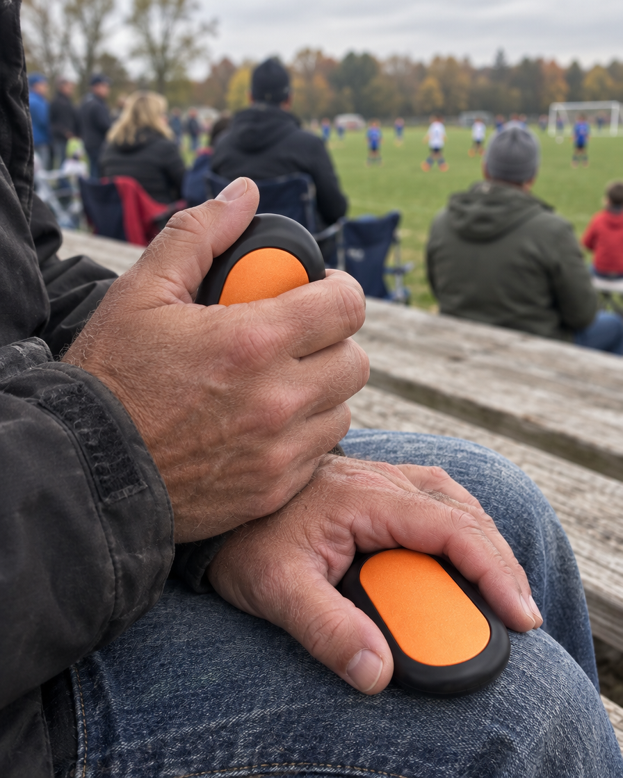 Man on wooden bleachers holding an Embra Duo warmer at a soccer game