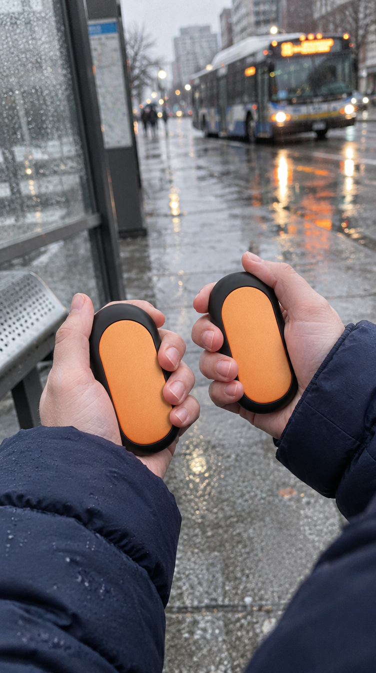 Hands cupping two Embra Duo warmers at a rainy bus stop