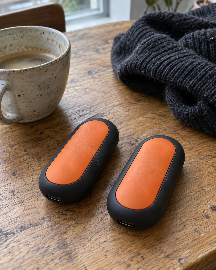 Embra Duo pair on an oak table beside a coffee cup and a wool beanie