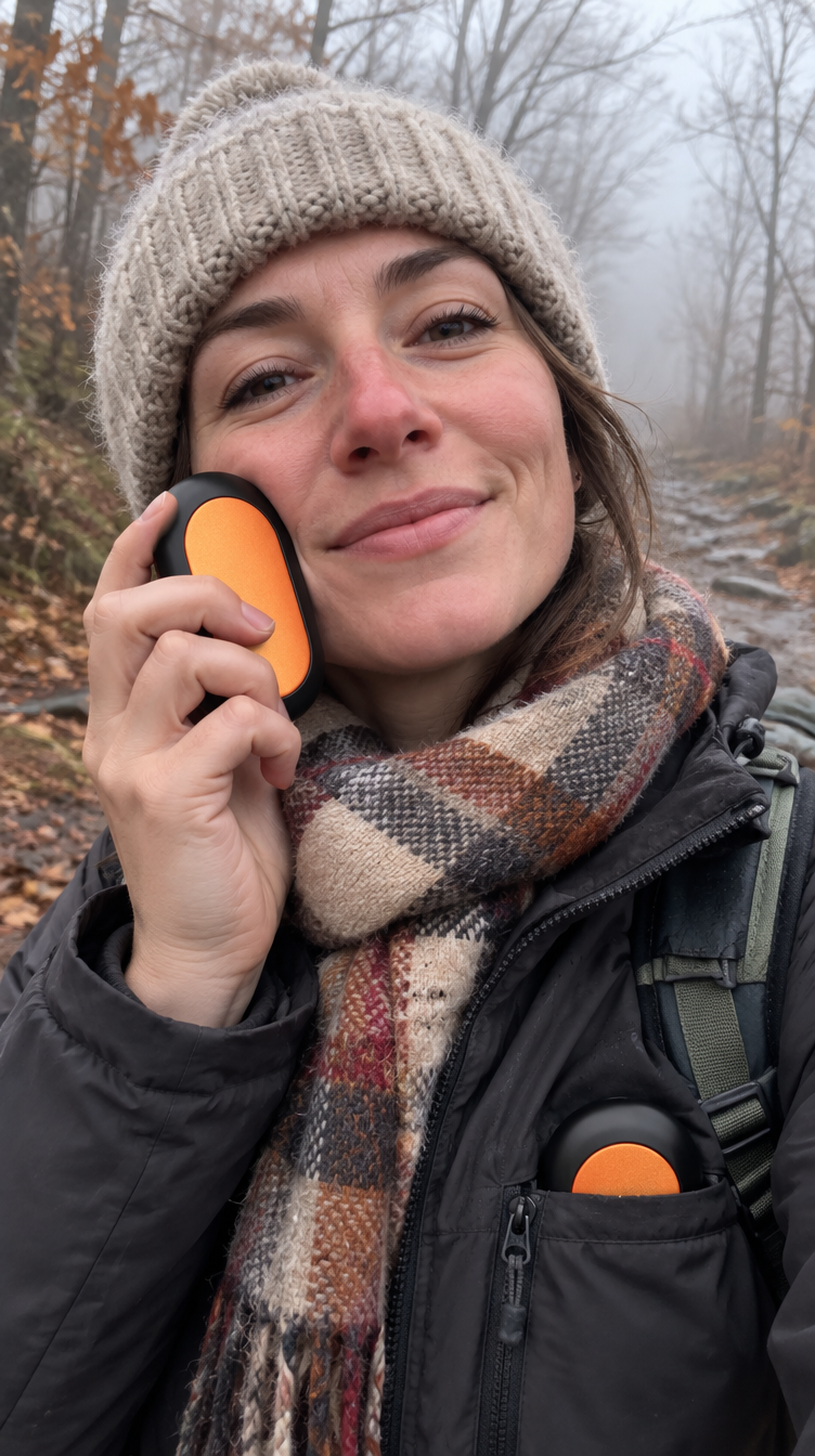 Hiker on a foggy trail pressing an Embra Duo warmer to her cheek