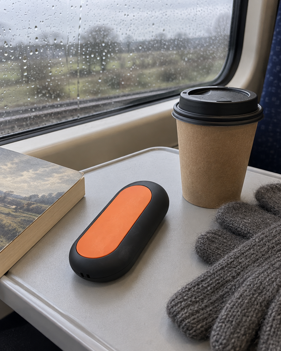 Embra Duo warmer on a train tray table with coffee, a paperback and gloves