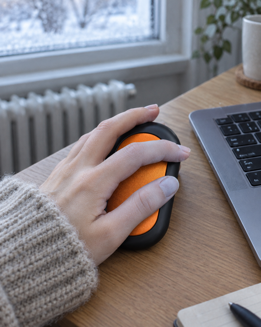 Hand resting on an Embra Duo warmer next to a laptop by a frosted window