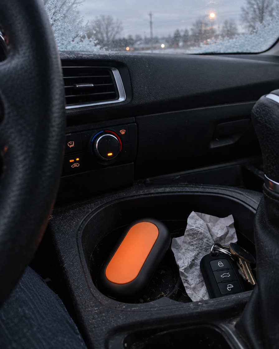 Embra Duo warmer in a car cup holder on a frosty morning